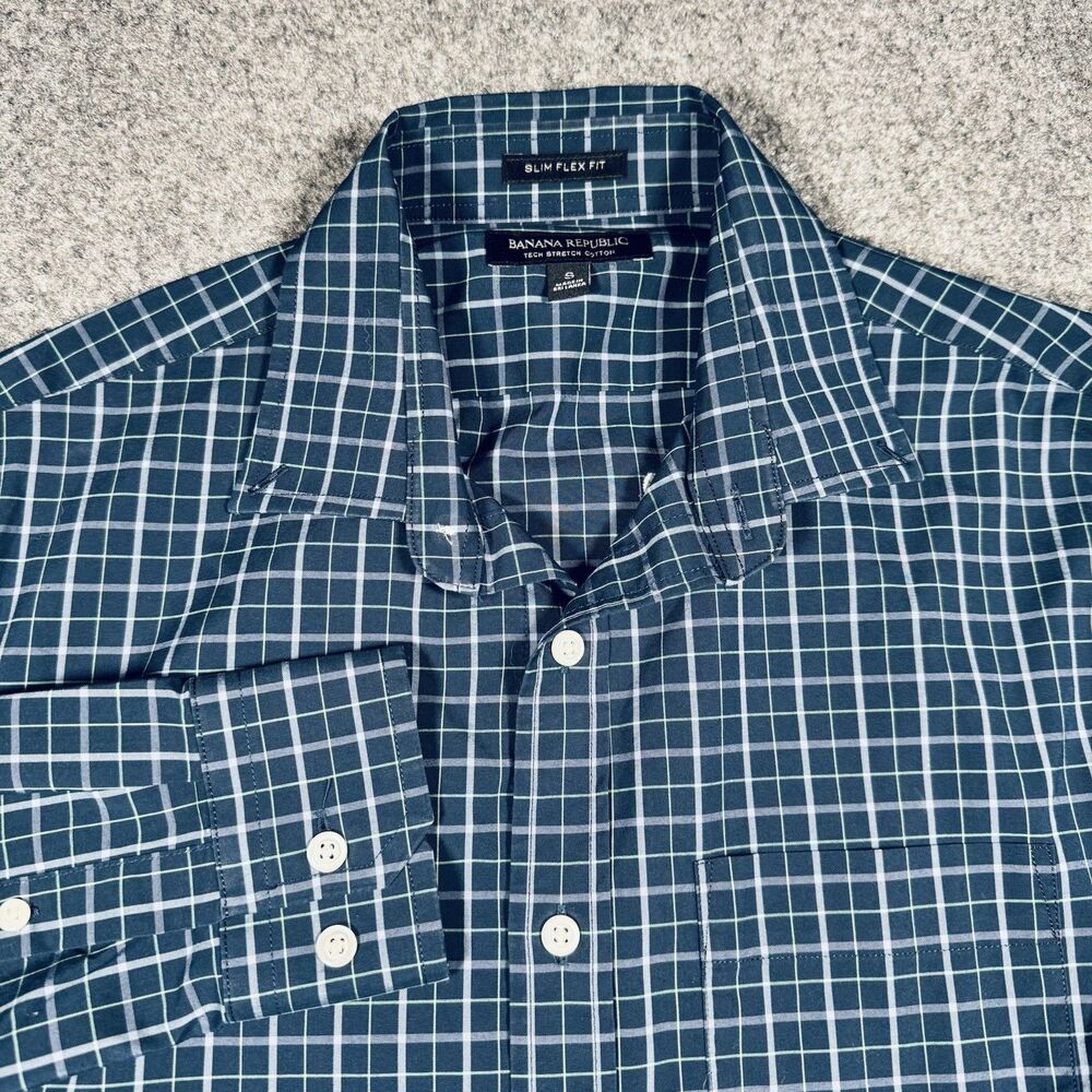 Banana Republic Tech Stretch Cotton Slim Flex Fit Blue Plaid Shirt Mens Small
